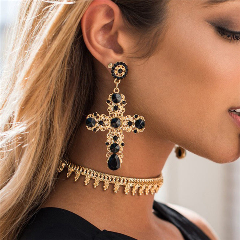 Explosive Earrings Retro Baroque Cross Earrings Personality Exaggerated Fashion Earrings
