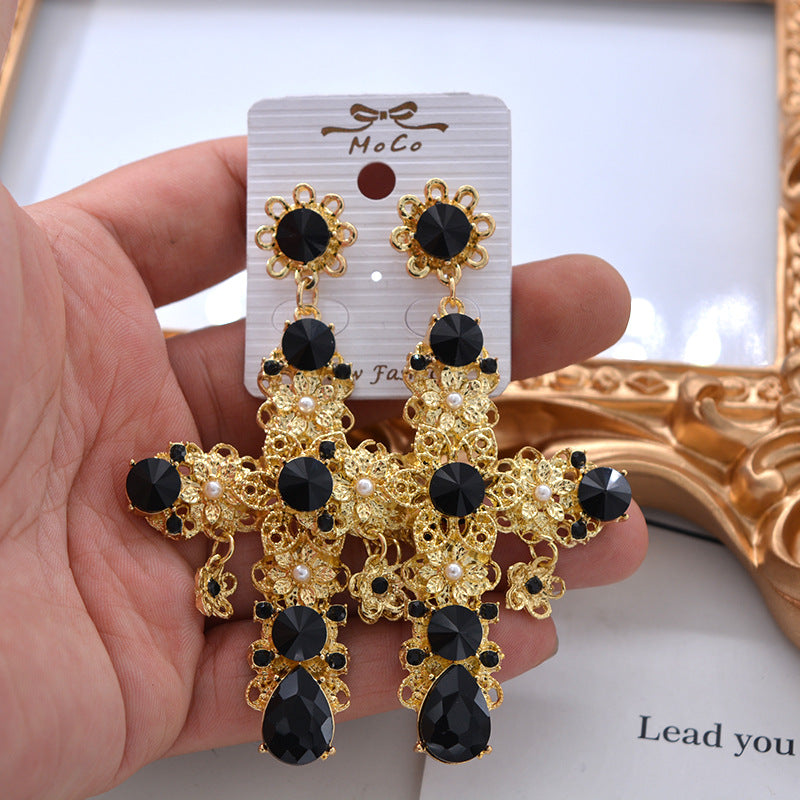 Explosive Earrings Retro Baroque Cross Earrings Personality Exaggerated Fashion Earrings