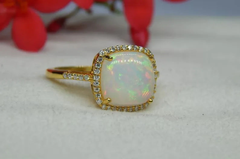 Elegant Vintage 18K Gold Plated Sterling Silver Engagement Christian Cocktail Ring Fire Opal & Moissanite Accent Indian Seller