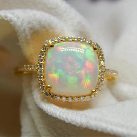 Elegant Vintage 18K Gold Plated Sterling Silver Engagement Christian Cocktail Ring Fire Opal & Moissanite Accent Indian Seller