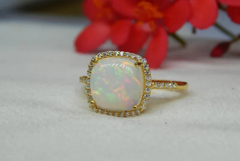 Elegant Vintage 18K Gold Plated Sterling Silver Engagement Christian Cocktail Ring Fire Opal & Moissanite Accent Indian Seller