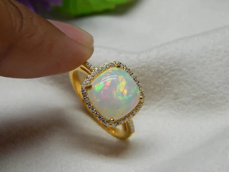 Elegant Vintage 18K Gold Plated Sterling Silver Engagement Christian Cocktail Ring Fire Opal & Moissanite Accent Indian Seller