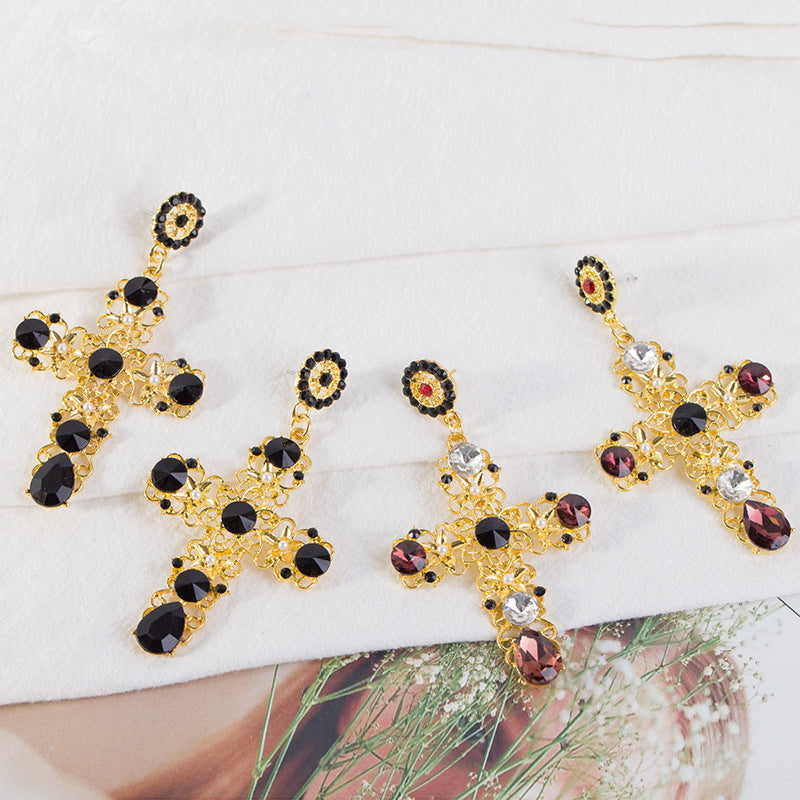 Explosive Earrings Retro Baroque Cross Earrings Personality Exaggerated Fashion Earrings