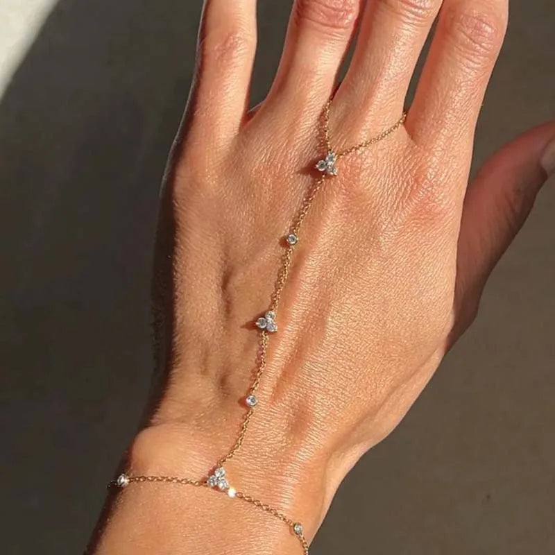 Luxury Metal Crystal Chain Finger Bracelet for Women Simple Gold Color Zircon Geometric Hand Chain Bracelet Wedding Jewelry Gift