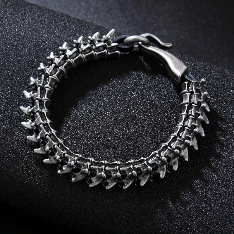 1PC Men's Fashion Hip Hop Style Dark Gothic Dragon Spine Zinc Alloy PU Leather Bracelet