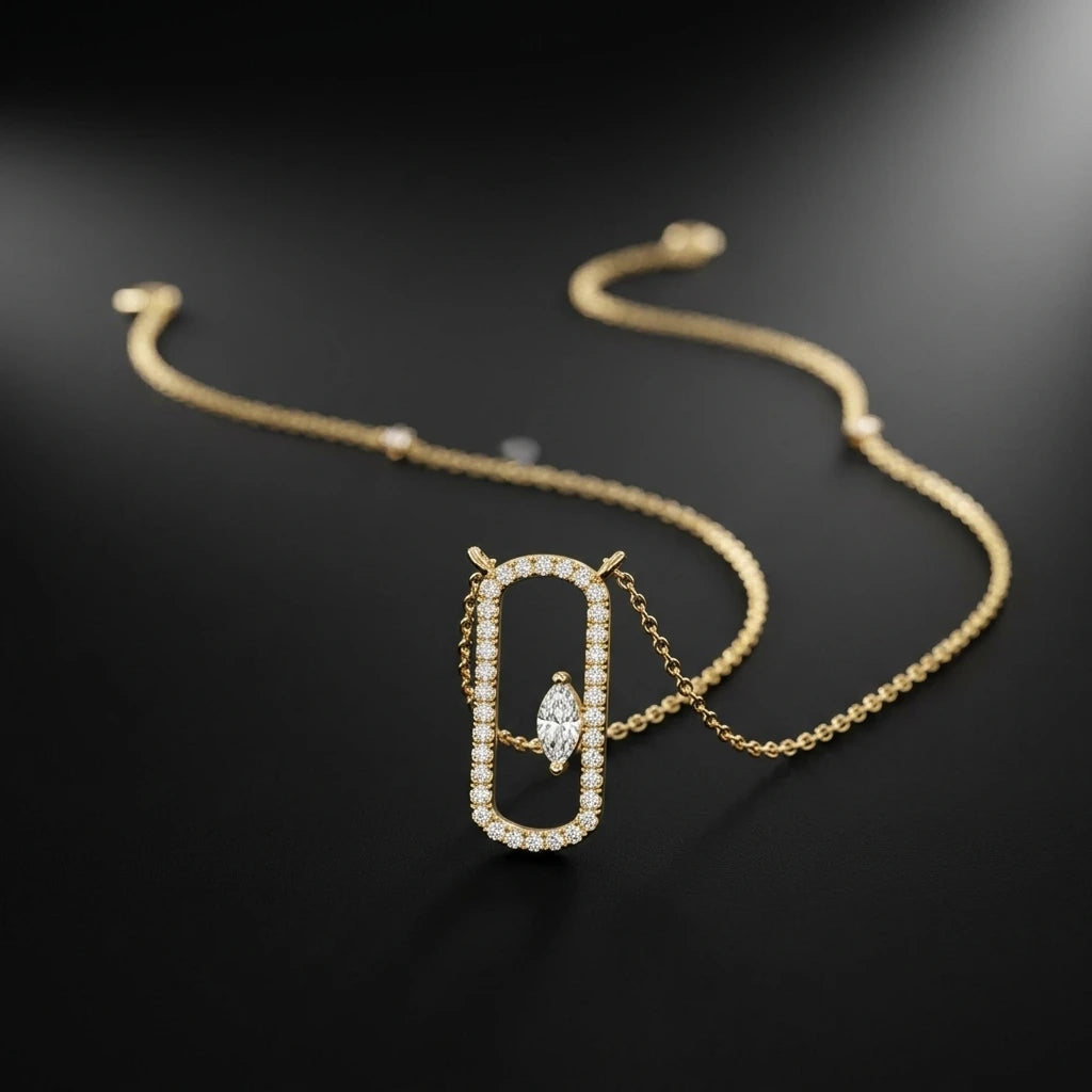 10K 14K 18K Yellow Gold Plated Minimalist Geometric Paperclip Pendant Necklace Halo Floating Marquise Cut Lab Grown Diamond Side