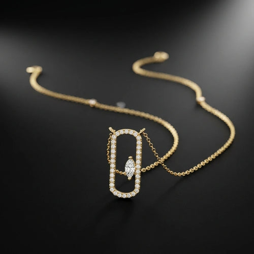 10K 14K 18K Yellow Gold Plated Minimalist Geometric Paperclip Pendant Necklace Halo Floating Marquise Cut Lab Grown Diamond Side