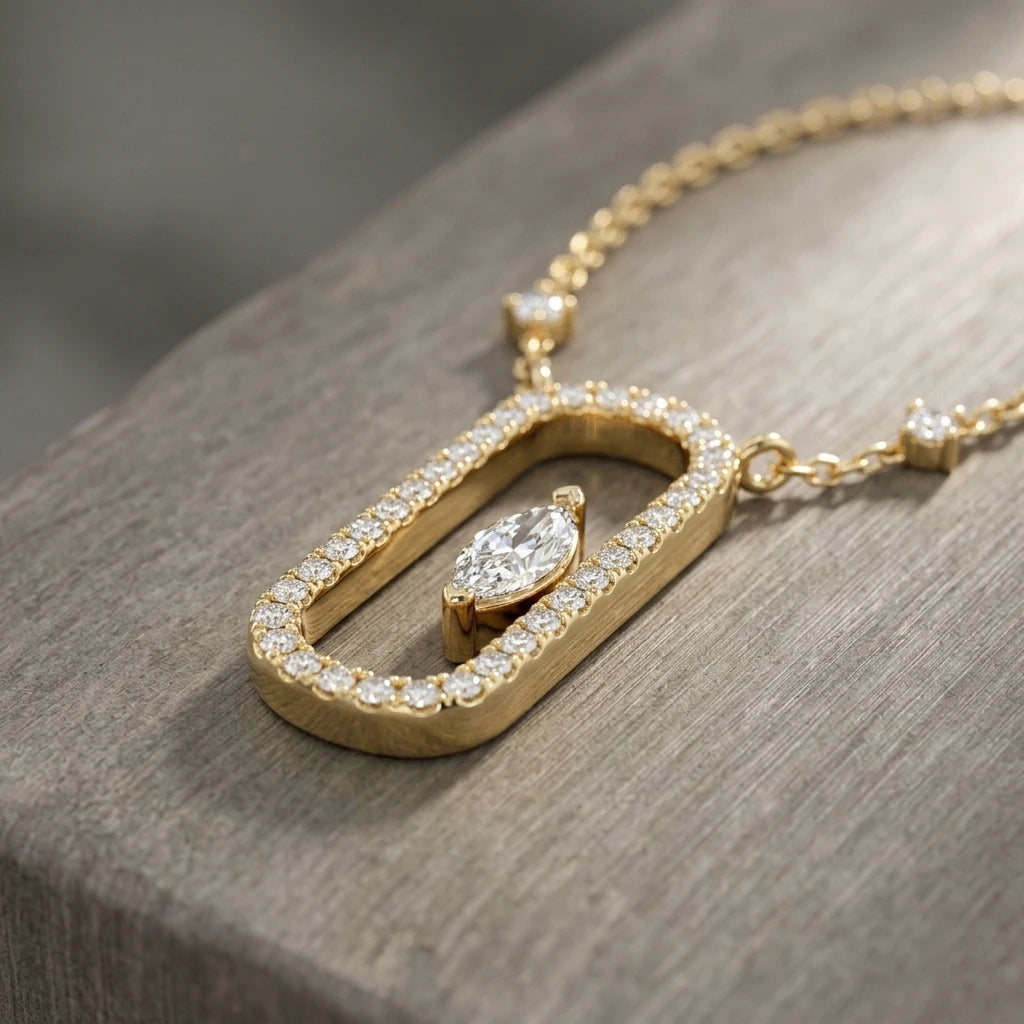 10K 14K 18K Yellow Gold Plated Minimalist Geometric Paperclip Pendant Necklace Halo Floating Marquise Cut Lab Grown Diamond Side