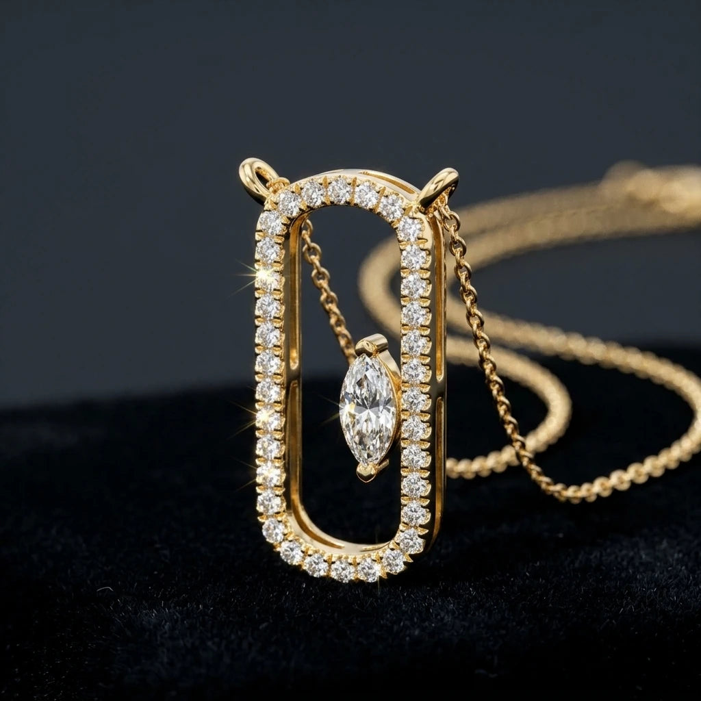 10K 14K 18K Yellow Gold Plated Minimalist Geometric Paperclip Pendant Necklace Halo Floating Marquise Cut Lab Grown Diamond Side