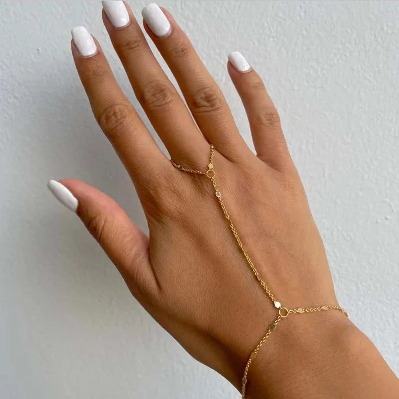 Luxury Metal Crystal Chain Finger Bracelet for Women Simple Gold Color Zircon Geometric Hand Chain Bracelet Wedding Jewelry Gift