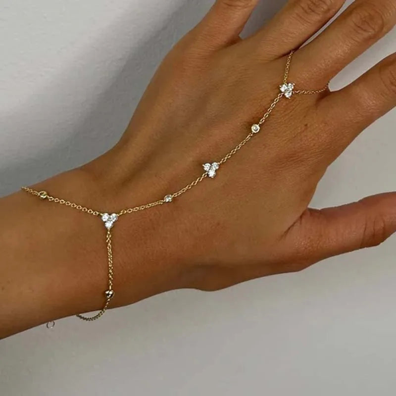 Luxury Metal Crystal Chain Finger Bracelet for Women Simple Gold Color Zircon Geometric Hand Chain Bracelet Wedding Jewelry Gift